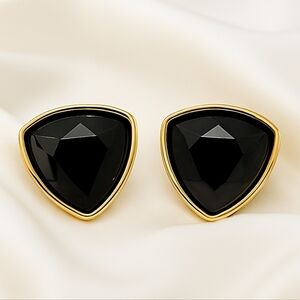 Black Faceted Triangle Stud Earrings – Gold Triangle Trim – Geometric Jewelry